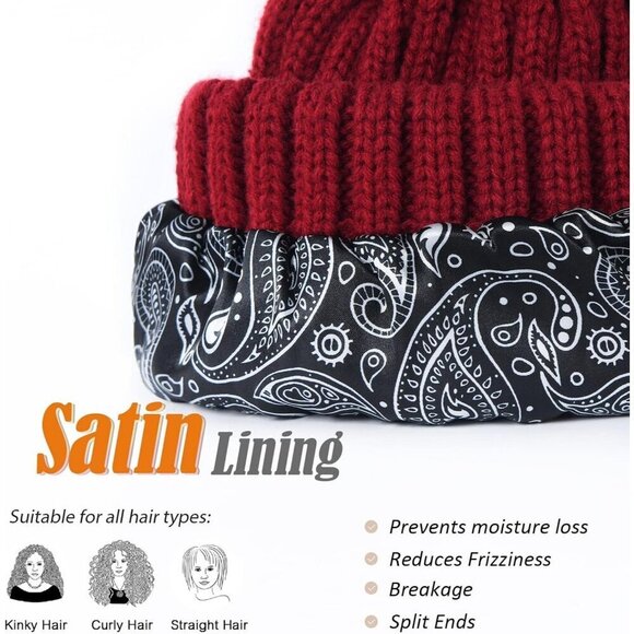 Women\'s Wine Red Winter Beanie Hat Satin Lined Faux Fur Pom Pom Beanies Hat main image 5